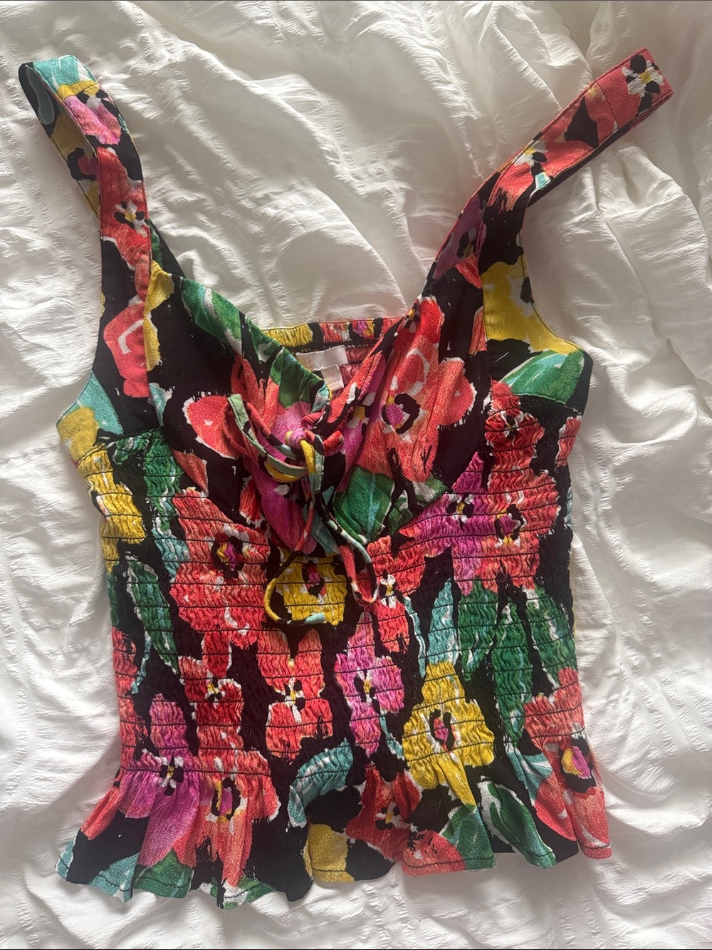 GB girls Black Floral Smocked Crop Top with Pink, Yellow & Green